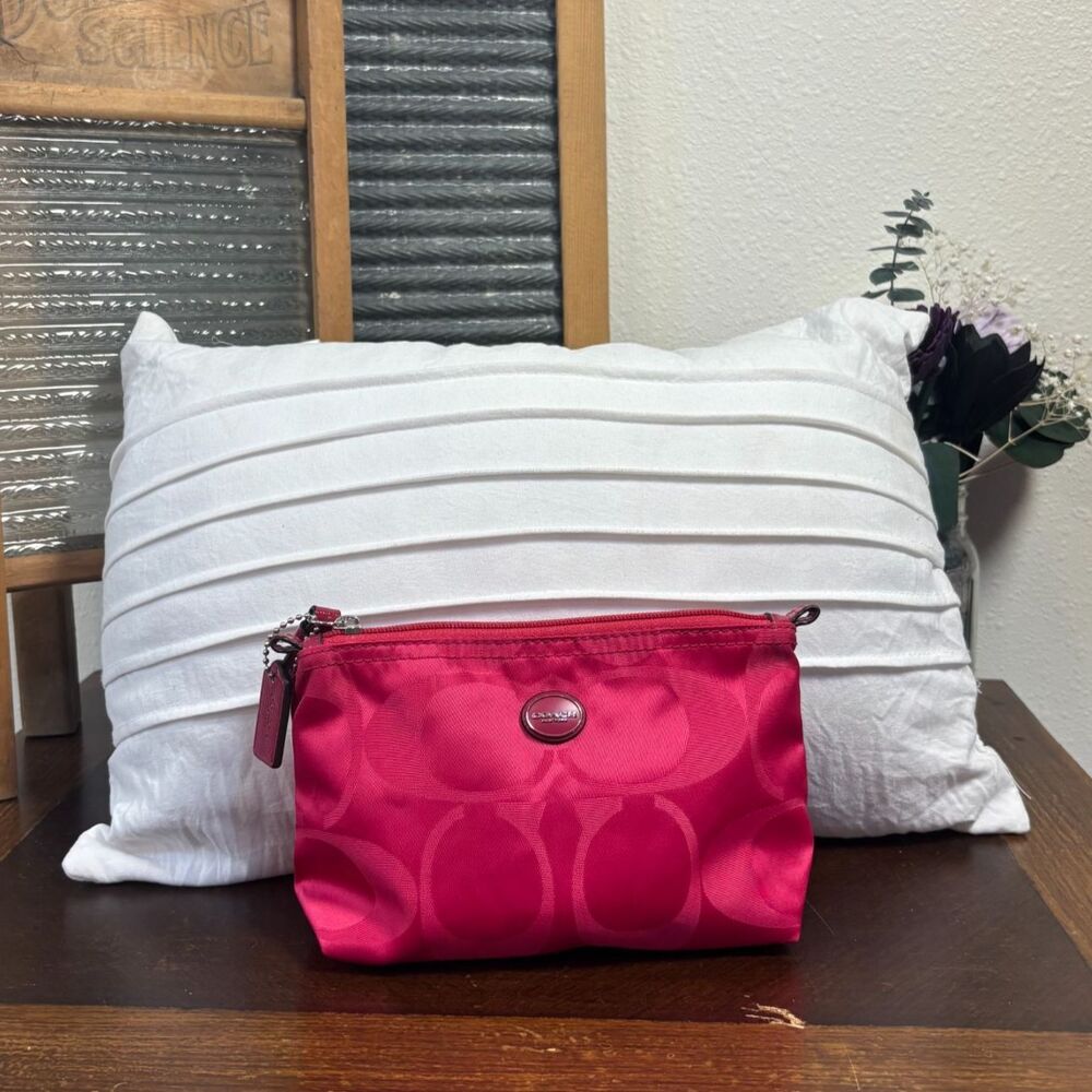 Coach Signature C Pink Nylon Cosmetic Bag Pouch Zip Top Small Makeup Case